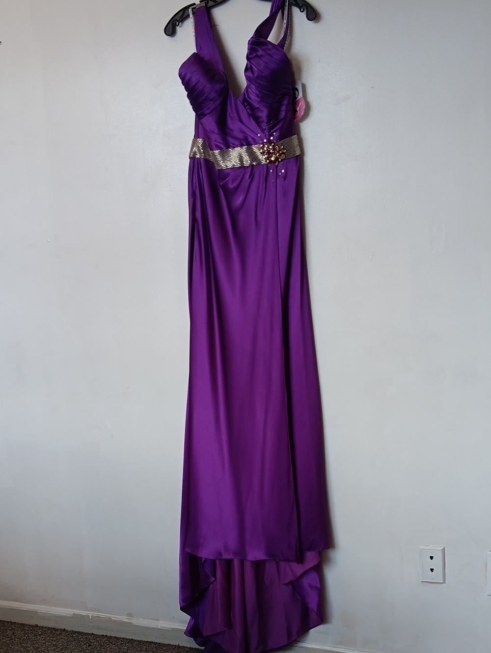 Maggie Sottero Purple Satin High-Low Evening Gown with Gold Waistband
